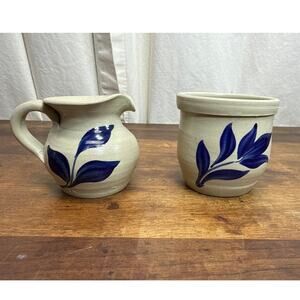 Williamsburg Pottery Creamer Sugar Bowl Salt Glaze Cobalt Blue Flower Stoneware